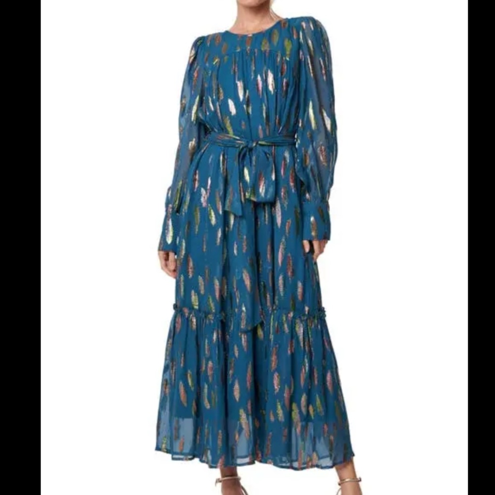 CIEBON Eryn Metallic Print Tie Waist Long Sleeve Maxi Dress, size XS